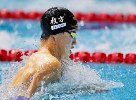 　男子１００メートル平泳ぎで３位となった大橋信