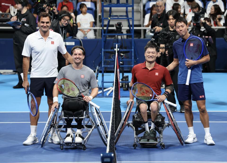 引退記念イベントで特別マッチを行なった（左から）ロジャー・フェデラー氏、ゴードン・リード、国枝慎吾氏、錦織圭（撮影・伊藤笙子）