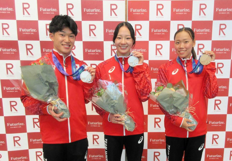 　愛知・名古屋アジア大会の報告会に出席した（左から）玉井陸斗、島田綾乃、奥園心咲