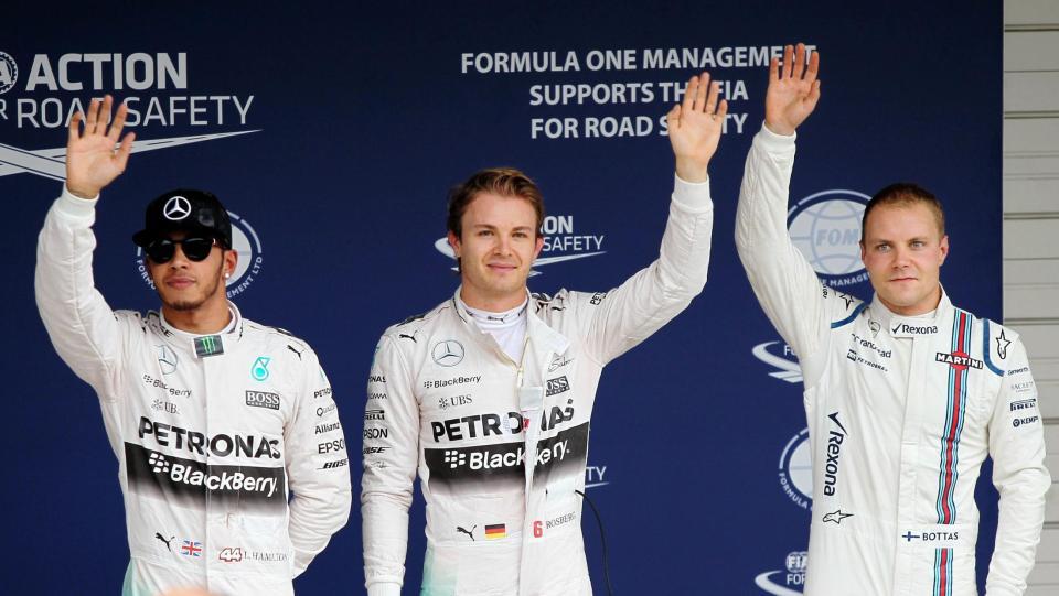 予選トップ３の（左から）メルセデスのルイス・ハミルトン、メルセデスのニコ・ロズベルグ、ウイリアムズ・メルセデスのバルテリ・ボッタス（撮影・神子素慎一）
