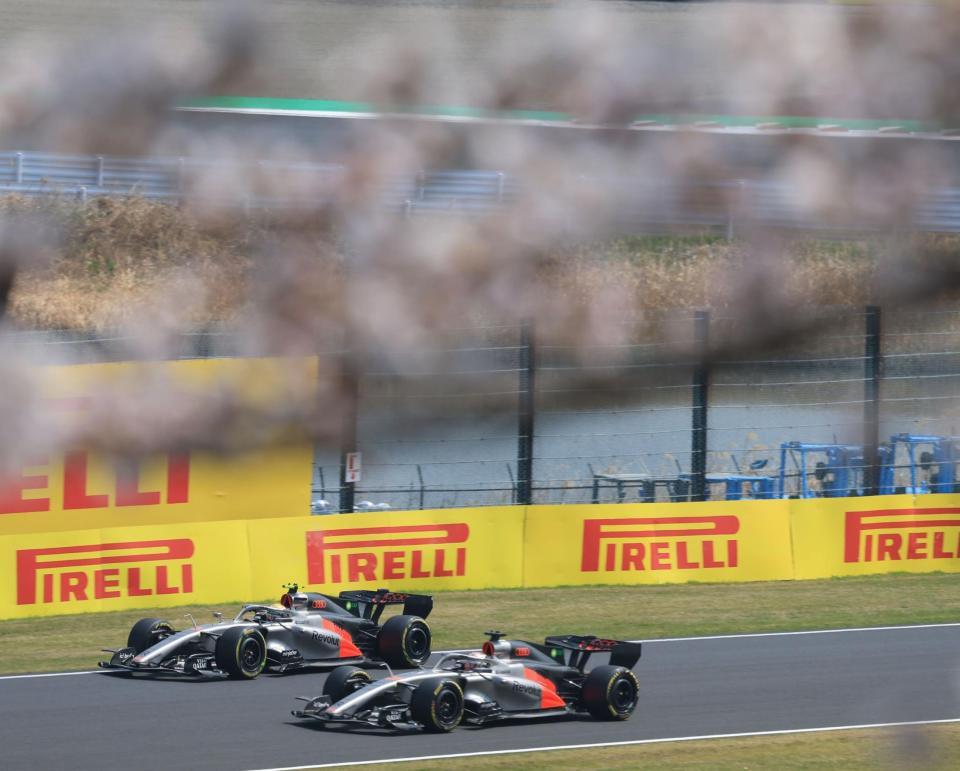 満開の桜の下、力走するアウディのニコ・ヒュルケンベルグ（奥）とアウディのガブリエル・ボルトレト＝鈴鹿サーキット（撮影・神子素慎一）