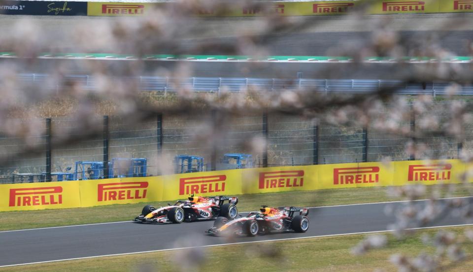 満開の桜の下、走行するレーシングブルズ・フォードの２台＝鈴鹿サーキット（撮影・神子素慎一）