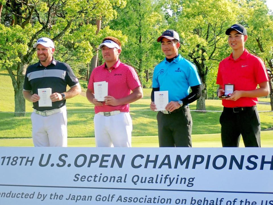 　全米オープン出場権を獲得した（左から）Ｄ・ブランスドン、秋吉翔太、梁津萬とベストアマのイミンウ