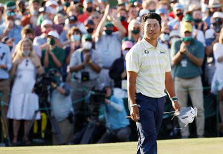 米ゴルフのマスターズ・トーナメントで、日本男子初のメジャー制覇を果たした松山英樹＝11日、米ジョージア州のオーガスタ・ナショナルＧＣ（ロイター＝共同）