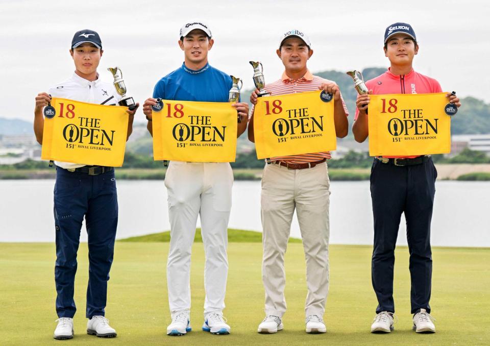 　ミズノオープンで上位に入り７月の全英オープン選手権の出場権を獲得した（左から）平田憲聖、中島啓太、金谷拓実、安森一貴＝ＪＦＥ瀬戸内海ＧＣ