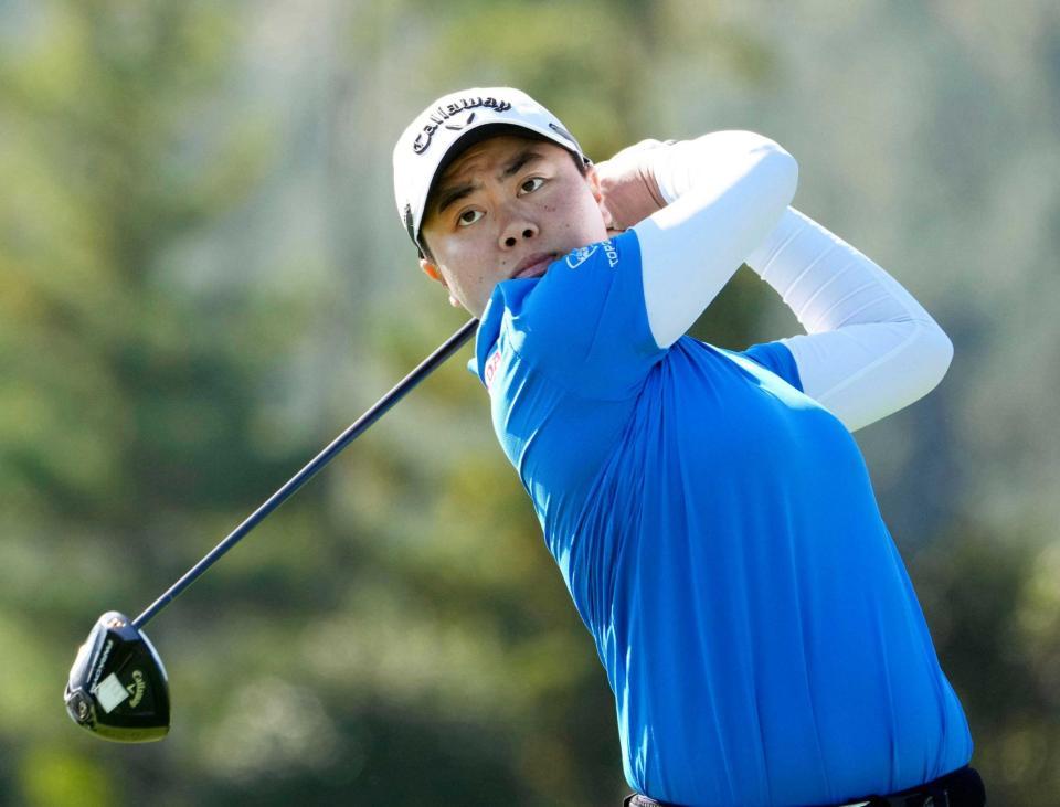 　８番でティーショットを放つ笹生優花。通算６アンダーで１７位（共同）