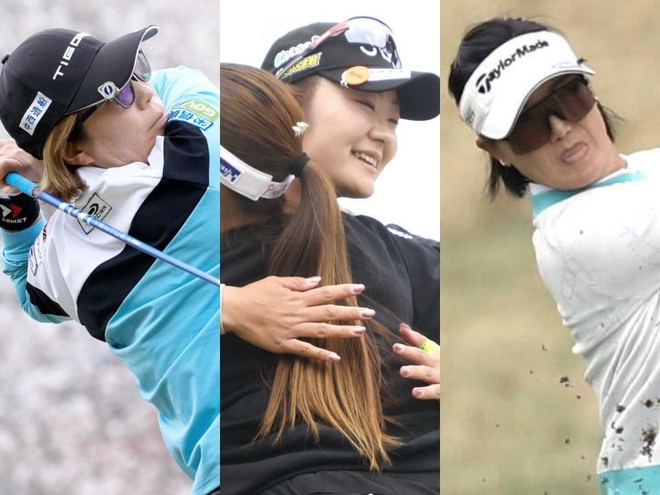 最終日最終組で優勝を争いに臨む【左】穴井詩　【中】藤田さいき（奥）　【右】全美貞