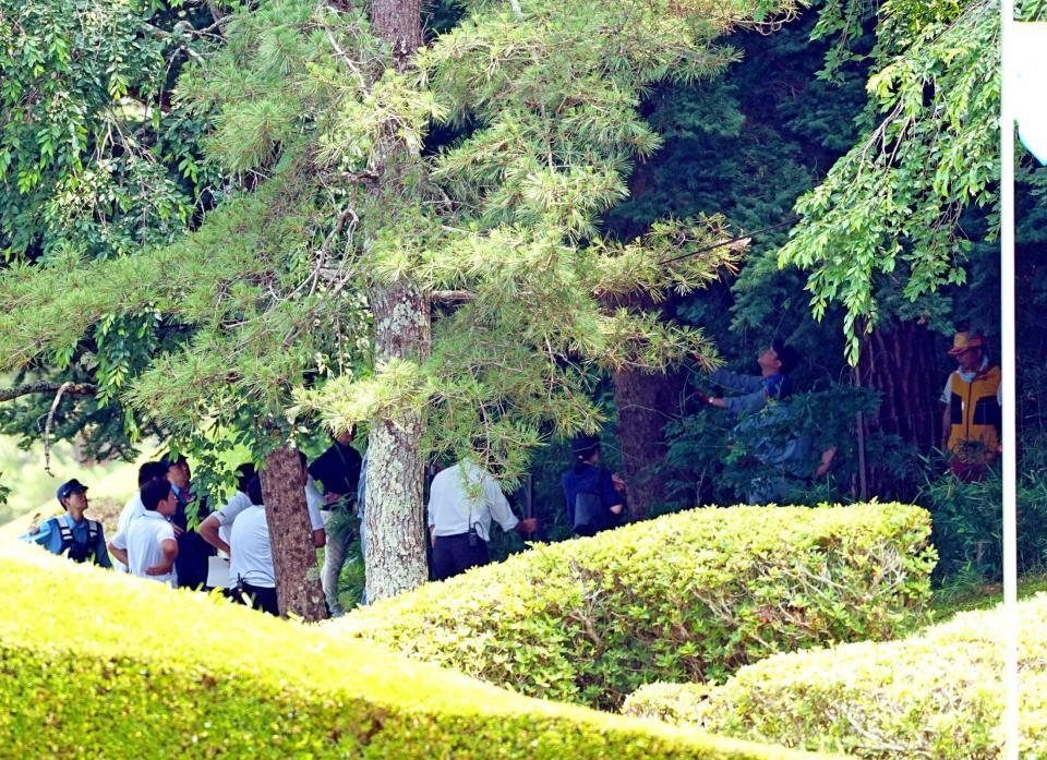 　コース横の林の中を調べる関係者