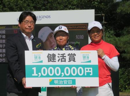 　「健活賞」を獲得した日吉久美子（中央）と大金寿子（右）