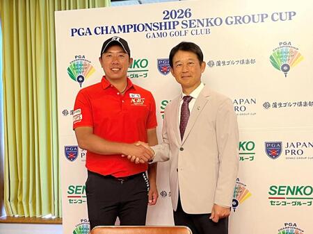 日本プロセンコーグループ杯の見どころをアピールする堀川未来夢（左）と桑原克典コースセッティングアドバイザー