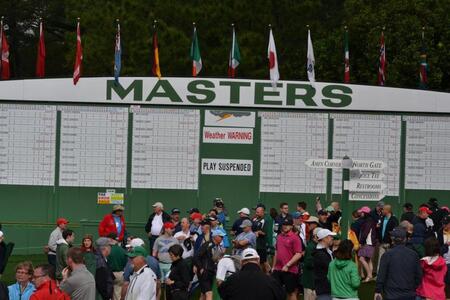 マスターズのスコアボード（２０２１年撮影）＝オーガスタナショナルＧＣ
