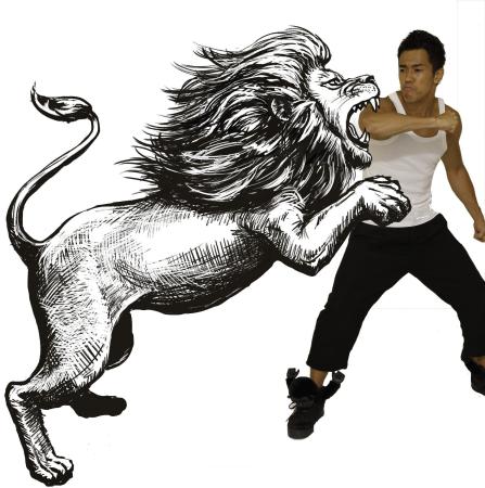 　ライオンとの格闘イメージ。右は武井壮