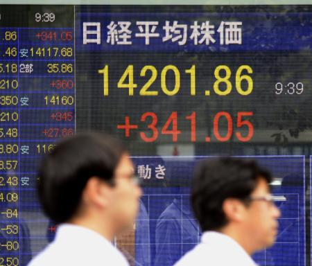 一時１万４２００円台を付けた日経平均株価を示すボード＝東京・八重洲