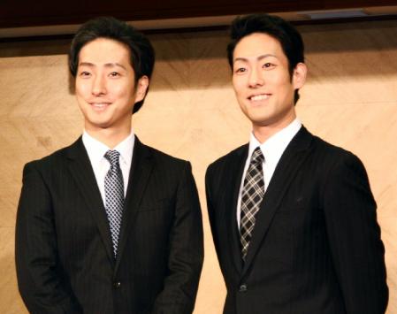 勘三郎さん一周忌イベントの会見に出席した（左から）中村七之助、中村勘九郎