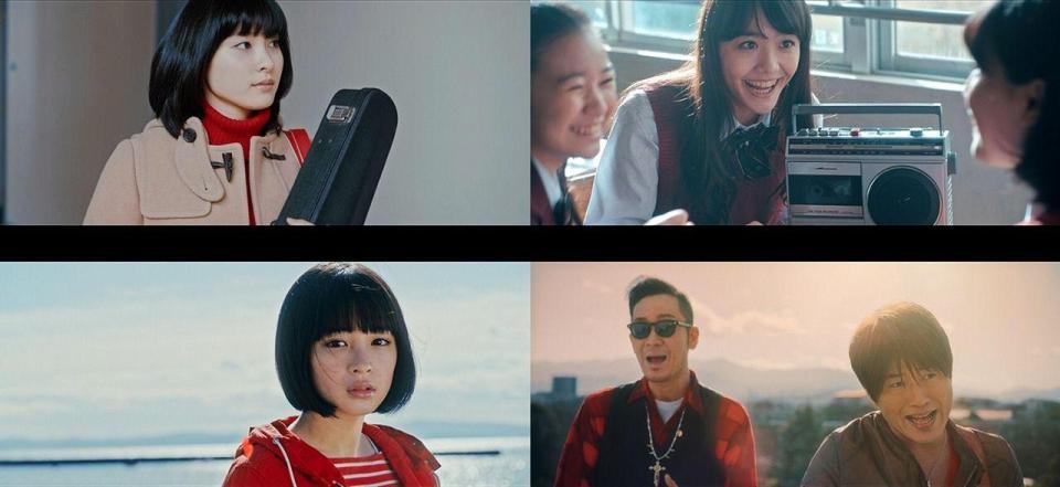 コブクロ（右下）のＭＶに出演した広瀬すず、土屋太鳳、松井愛莉（左下から時計回り）