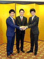 熱演を誓う（左から）中村国生、中村橋之助、中村児太郎＝東京・銀座