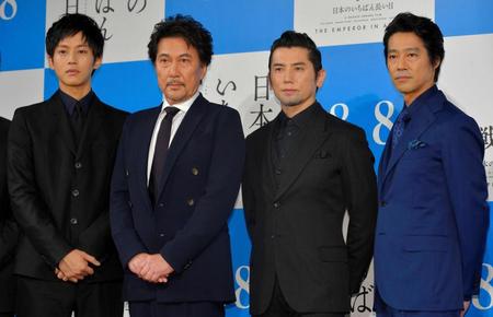 　映画の魅力を語った（左から）松坂桃李、役所広司、本木雅弘、堤真一＝東京・東新橋のコンラッド東京（撮影・堀内翔）
