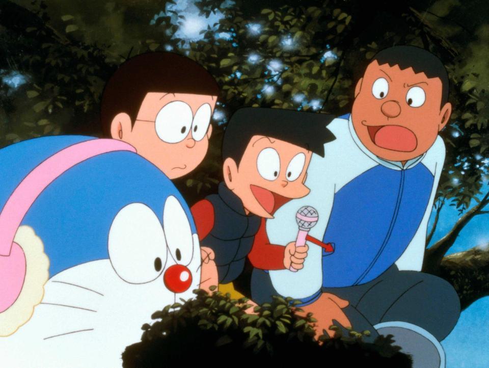 　たてかべ和也さんが声を演じたアニメ「ドラえもん」のジャイアン（右端）（（ｃ）藤子プロ、小学館、テレビ朝日２００１）