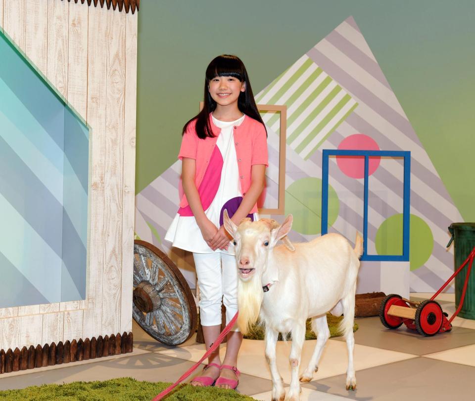 ヤギのやぎ太と取材会に出席した芦田愛菜＝東京・渋谷のＮＨＫ