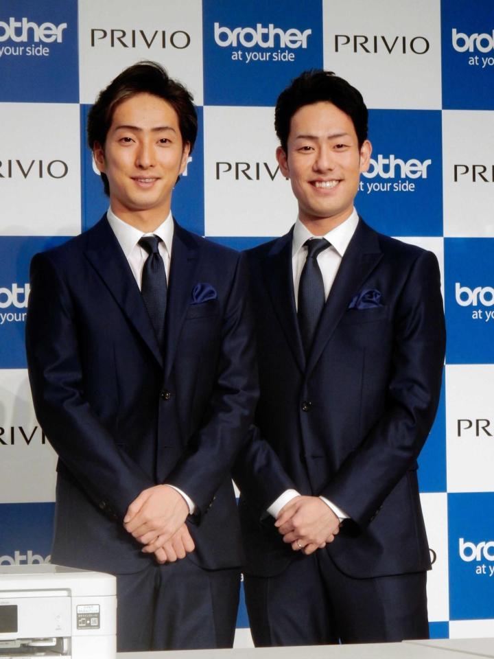 　ブラザーの新ＣＭ発表会に出席した中村七之助（左）と中村勘九郎＝東京・京橋