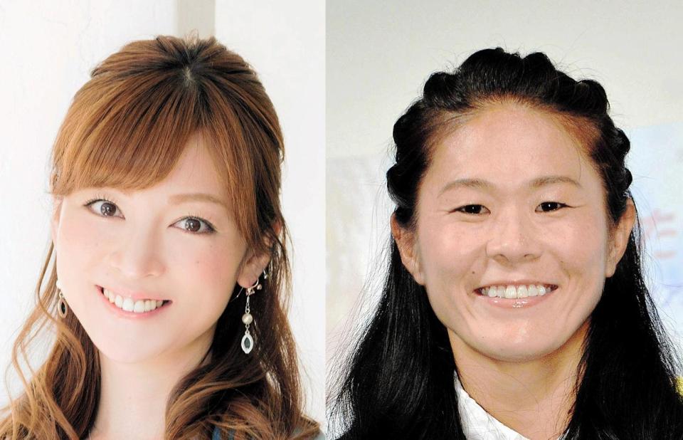 婚約を発表した吉澤ひとみ（左）を祝福した澤穂希