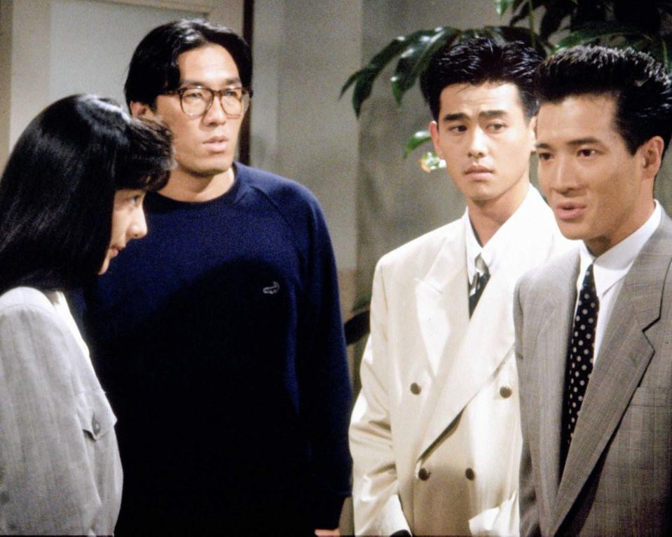 　１９８９年放送のフジテレビ系「教師びんびん物語２」に出演した（左から）生田智子、阿藤快さん、野村宏伸、田原俊彦