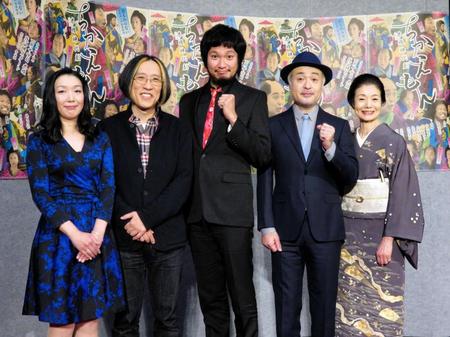 ドラマへの思いを語った（右から）富司純子、松尾スズキ、青木崇高、音楽担当の宮川彬良氏、脚本担当の藤本有紀氏＝東京・渋谷のＮＨＫ 