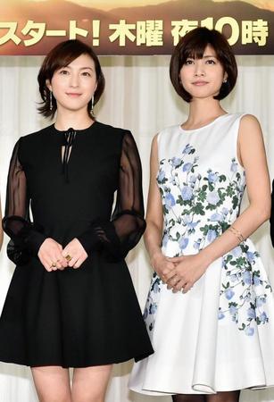 制作発表でそろって笑顔を見せる（左から）広末涼子、内田有紀＝東京都港区のル・グランパシフィック台場（撮影・出月俊成）