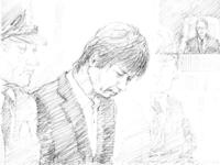 　初公判でうなだれる元「キングオブコメディ」の高橋健一被告（イラスト・勝山展年）