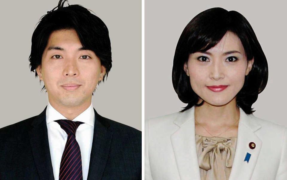 　自民党の金子恵美衆院議員（右）と宮崎謙介氏