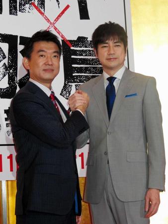 　新番組への思いなどを語った橋下徹氏（左）と羽鳥慎一＝東京・六本木