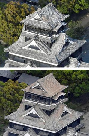 　地震で被害を受けた15日の熊本城の天守閣（上）。相次ぐ地震で16日には屋根瓦がほとんど落ちていた＝熊本市（共同通信社ヘリから）