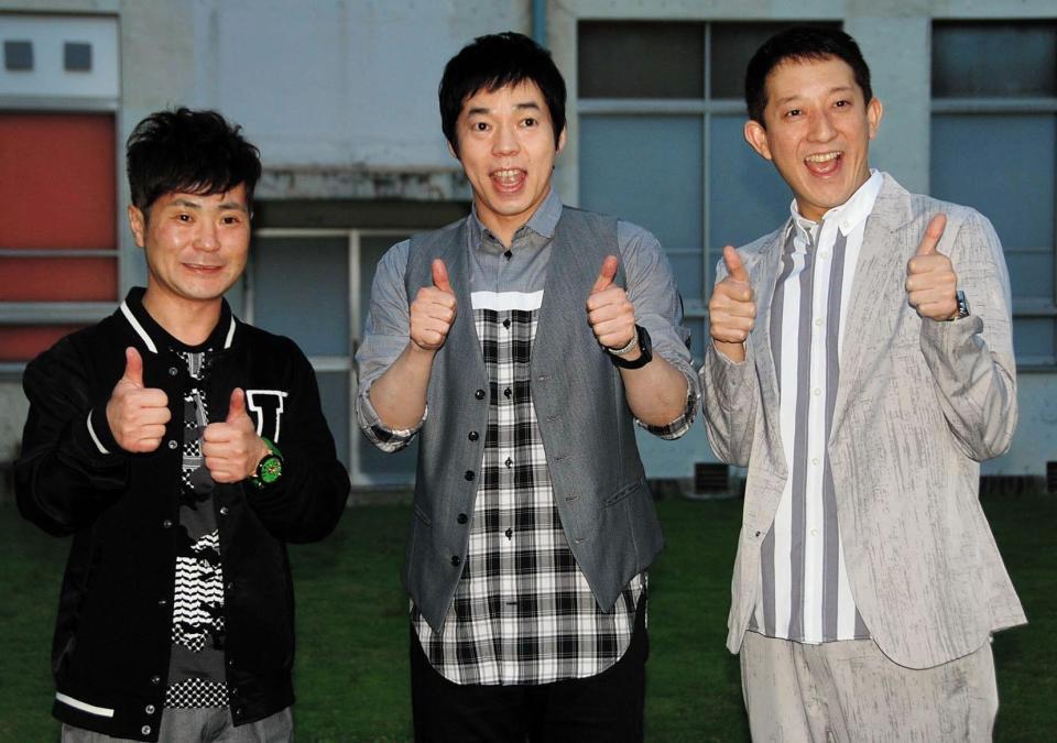 女子会参戦前に意気込みを語った（左から）カラテカの入江慎也、今田耕司、サバンナの高橋茂雄＝東京・吉本本社