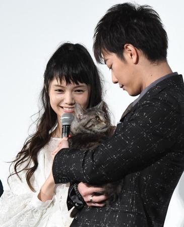猫のパンプくんにデレデレの佐藤健（右）と宮崎あおい＝ＴＯＨＯシネマズ六本木ヒルズ