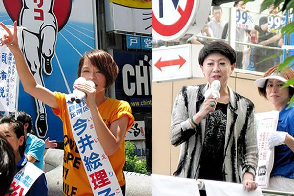 　グリコの看板の前で演説する今井絵理子候補（左）と格差解消などを訴え、応援演説をする美川憲一＝ともに大阪市内