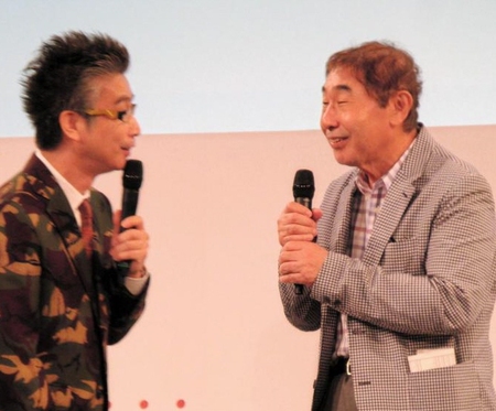 「京都国際映画祭２０１６」の発表会見に登場した蛭子能収（右）とおかけんた＝京都市内