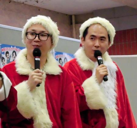 Ｍ－１新王者の銀シャリについて語ったトレンディエンジェルの（左から）たかし、斎藤司＝横浜市内