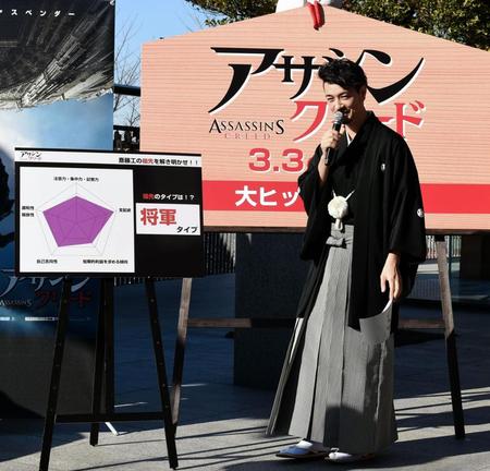 ＤＮＡ解析の結果、「将軍」タイプであることがわかり、照れ笑いの斎藤工＝東京・赤城神社（撮影・開出牧）