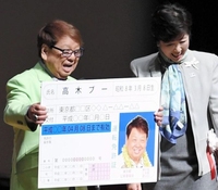 小池東京都知事（右）に免許証を返納する高木ブー＝都内