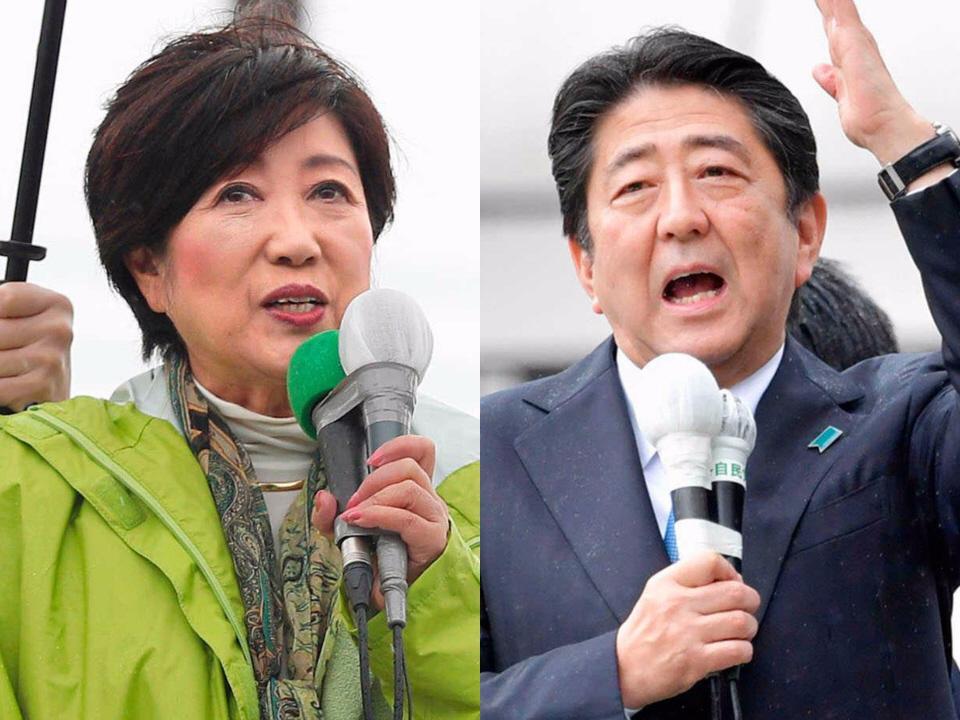 　千葉市で街頭演説する小池代表（左）と奈良・生駒市で街頭演説する安倍首相