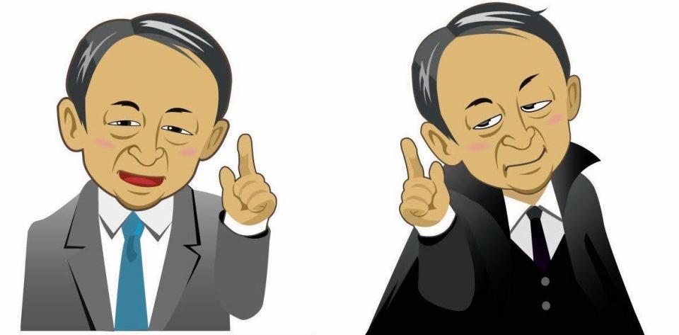 番組内で用いられる池上彰氏のイラスト。左はいつもの池上氏、右は「ブラック池上」（テレビ東京提供）