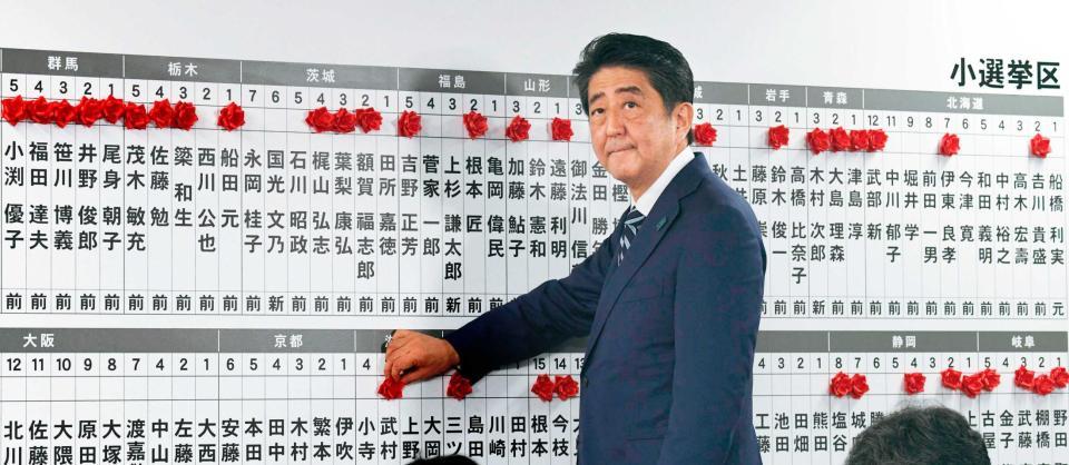 　自民党本部の開票センターで、バラを付ける安倍首相