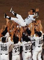 　セ・リーグ優勝が決まり、胴上げされる星野仙一監督＝甲子園（2003年9月15日）