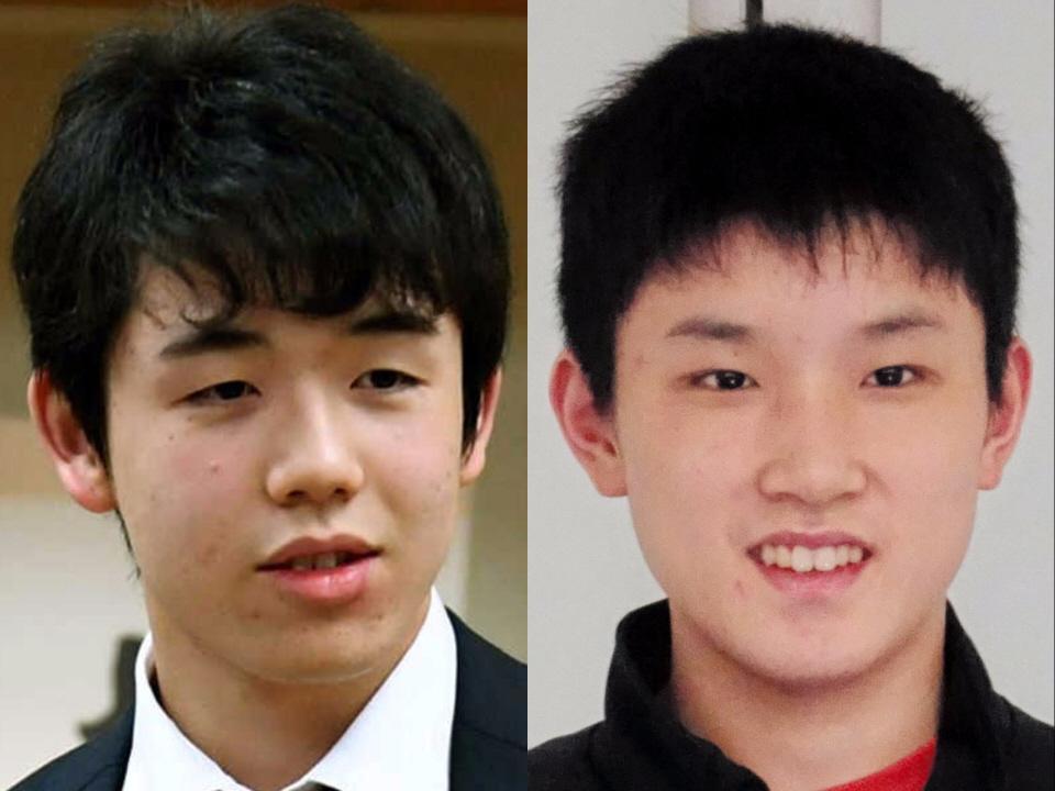 　藤井聡太四段（左）と張本智和