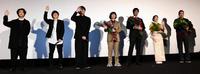 舞台あいさつをおこなった（右から）チェン・カイコー監督、松坂慶子、阿部寛、染谷将太、ＲＡＤＷＩＭＰＳの野田洋次郎、桑原彰、武田祐介＝ＴＯＨＯシネマズ六本木（撮影・三好信也）