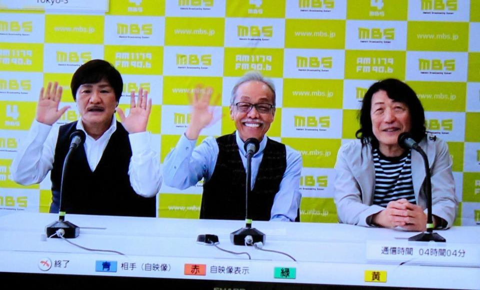 テレビ会議システムを使って新番組の会見を行ったアリスの（左から）堀内孝雄、谷村新司、矢沢透