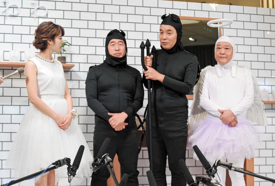 　桂歌丸さんについて語るダチョウ倶楽部の（右から）上島竜兵、肥後克広、寺門ジモン。左は神田愛花＝都内