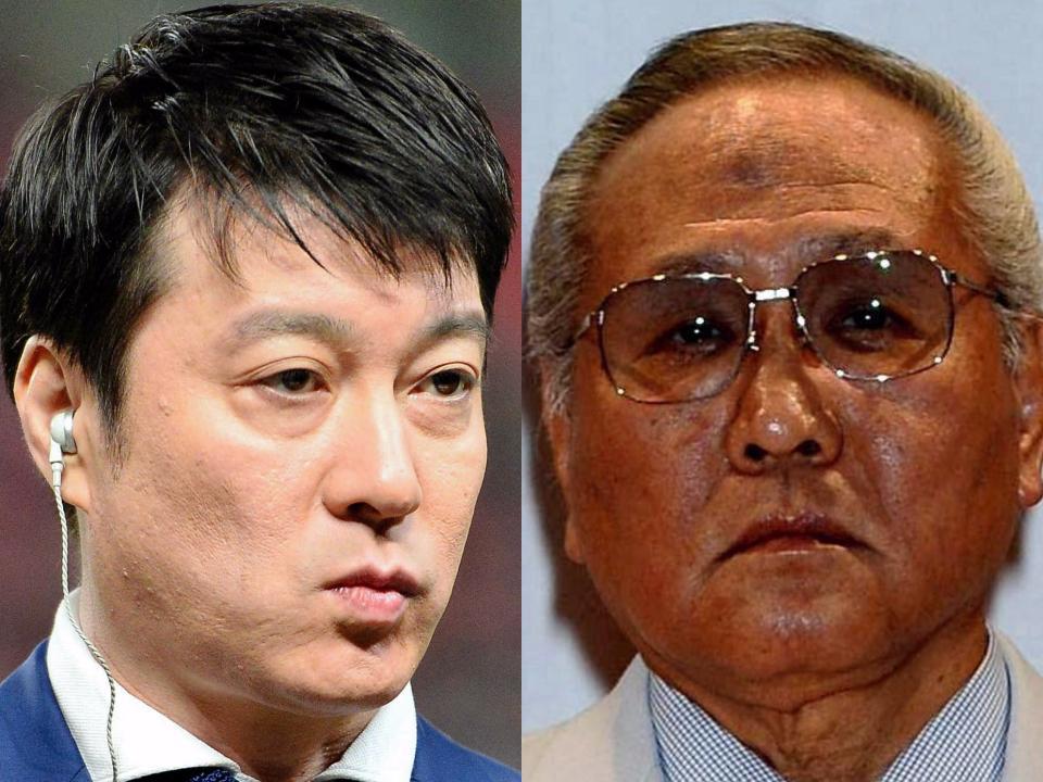 極楽とんぼの加藤浩次（左）と日本ボクシング連盟の山根明会長