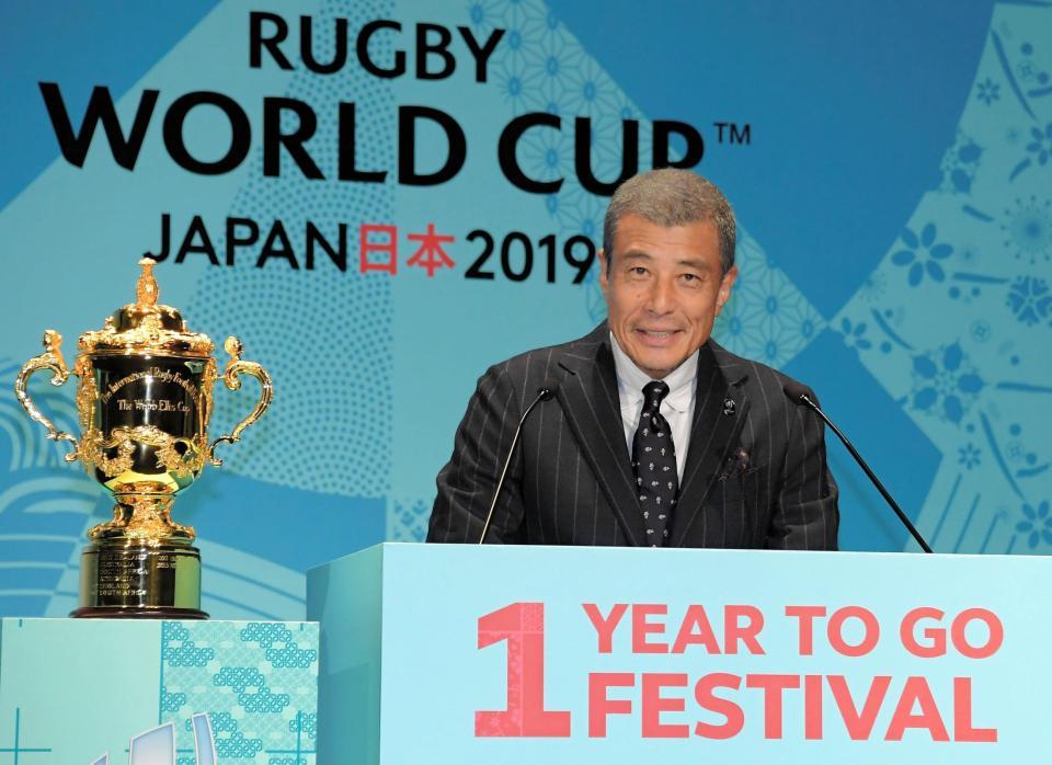 ラグビーＷ杯２０１９日本大会～１年前記念イベント～に登場した舘ひろし＝東京・赤坂の明治記念館（撮影・堀内翔）