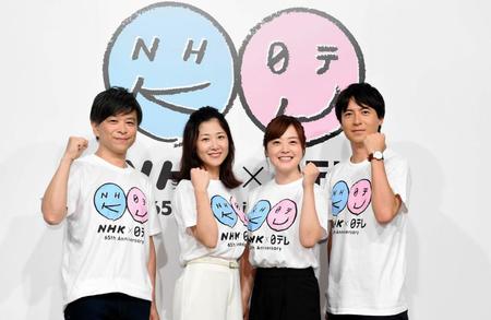 （左から）ＮＨＫの武田真一アナ、桑子真帆アナ、日本テレビの水卜麻美アナ、桝太一アナ＝１４日